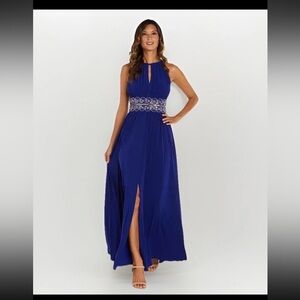 R&M Richards Womens Halter Beaded Waist Royal Blue Slit Evening Gown Petite 14